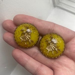 Vintage Dancing Couple Amber Yellow Glitter Clip on Earrings Pat Pend
